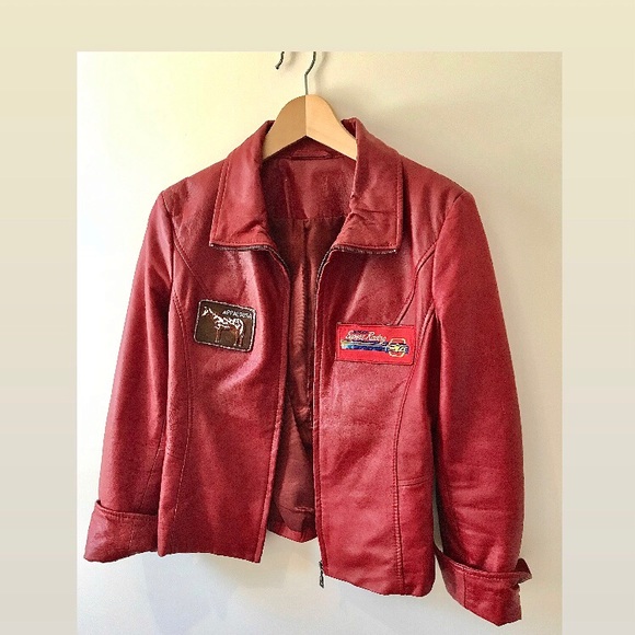 Red leather biker jacket vintage racing varsity patches moto motorcycle … - Picture 9 of 11
